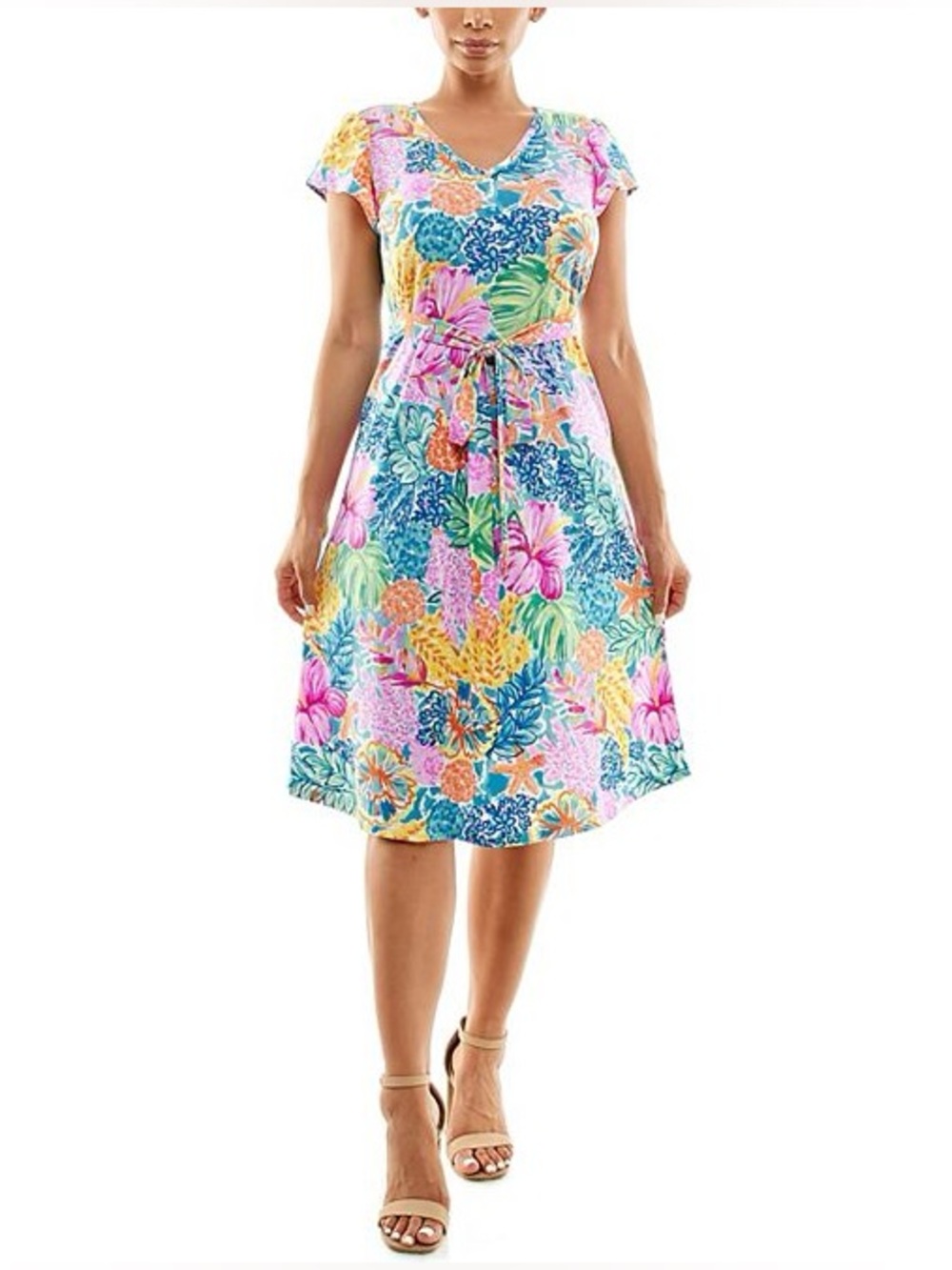 Nina Leonard Multicolor Floral V‑Neck Tie‑Waist cap sleeve Midi Dress Large